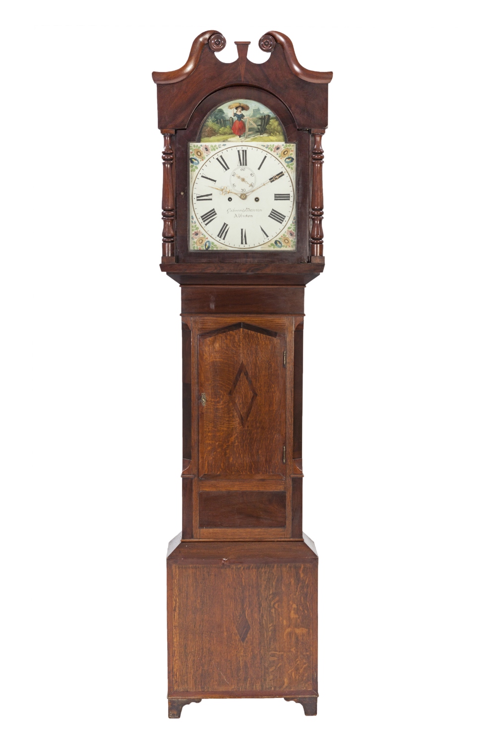 EARLY NINETEENTH CENTURY OAK AND MAHOGANY LONGCASE CLOCK SIGNED GIBSON S MARSON, ALFRETON, the 13"