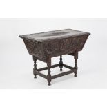 NINETEENTH CENTURY CARVED ELM DOUGH BIN, the hinged oblong top with central lozenge carved with a