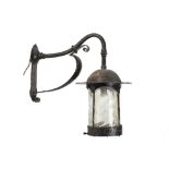 ARTS AND CRAFTS BLACK PAINTED CAST METAL LANTERN WITH VASELINE GLASS SHADE, the shade of cylindrical