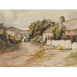 TOM CLOUGH (1867-1943) WATERCOLOUR DRAWING Undulating country lane, with white washed cottages in