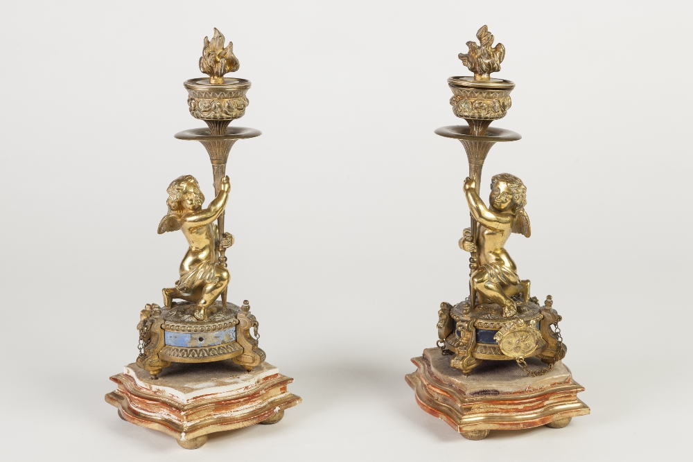 PAIR OF LATE NINETEENTH CENTURY ORMOLU FIGURAL CANDLECTICKS WITH STANDS, ORIGINALY PART OF A CLOCK