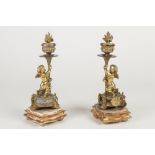 PAIR OF LATE NINETEENTH CENTURY ORMOLU FIGURAL CANDLECTICKS WITH STANDS, ORIGINALY PART OF A CLOCK