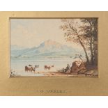 ATTRIBUTED TO J. VARLEY (1778 - 1842) WATERCOLOUR DRAWING Lake scene with cattle watering 3 ¼" x