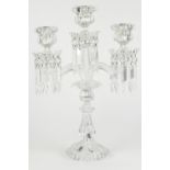 THREE PIECE BACCARAT, FRENCH MOULDED GLASS TABLE GARNITURE, comprising: THREE LIGHT, TWIN SCROLL ARM