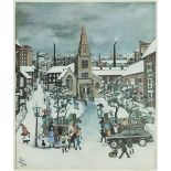 EDITH LE BRETON ARTIST SIGNED COLOUR PRINT Winter scene with figures outside a church Signed and