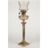 VICTORIAN CORINTHIAN COLUMN PATTERN OIL TABLE LAMP, with square, stepped base, cut glass reservoir