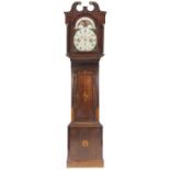 EARLY NINETEENTH CENTURY INLAID OAK AND MAHOGANY LONGCASE CLOCK WITH ROLLING MOON PHASE, SIGNED