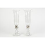 PAIR OF BACCARAT, FRENCH MOULDED GLASS CANDLE HOLDERS WITH ETCHED STORM SHADES, each with circular