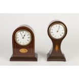 EDWARDIAN INLAID MAHOGANY BALLOON SHAPED MANTLE CLOCK, with 3 ¼" dial (cracked), drum shaped