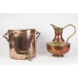 HEAVY SEAMED COPPER TWO HANDLED CYLINDRICAL TEA URN, with brass tap and two handled flat cover,