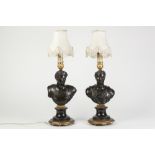 PAIR OF FRENCH BRONZED AND GILT METAL FIGURAL TABLE LAMPS, each modelled as a Roman male bust on a