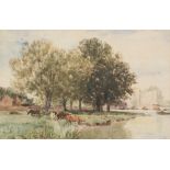 ATTRIBUTED TO T. B. HARDY (1842 - 1897) WATERCOLOUR DRAWING 'Cows watering by the Thames at Windsor'