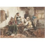 H. TEN KATI LATE NINETEENTH CENTURY WATERCOLOUR DRAWING Inn interior with three Cromwellian soldiers