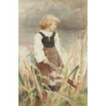 FREDERICK MORGAN R.O.I (1856-1927) WATERCOLOUR 'ALL GATHERED', a young girl standing in a lakeland