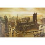 STEVEN SCHOLES (b.1952) OIL PAINTING ON CANVAS Manchester City panorama with Cathedral in the centre