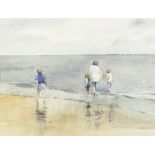 •ROBERT LITTLEFORD (b.1940) WATERCOLOUR DRAWING Beach scene with woman and three children paddling