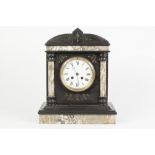 LATE VICTORIAN BLACK SLATE MANTLE CLOCK WITH GREY VEINED MARBLE TRIM, the 4 ¼" enamelled Roman