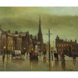 STEVEN SCHOLES (b.1952) OIL PAINTING Salford street scene, twilight scene with tram, covered horse