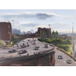 •LIAM SPENCER OIL PAINTING ON BOARD 'Mancunian Way, Backlit Clouds' Signed, titled and dated 1998