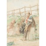 B.A. (ROMA), (EARLY TWENTIETH CENTURY) WATERCOLOUR DRAWING Man standing at the road side smoking a