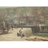 WALTER EMSLEY (1860-1938) WATERCOLOUR Whitby Harbour, with figures on the quayside Signed lower left