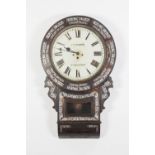 VICTORIAN MOTHER OF PEARL INLAID ROSEWOOD DROP DIAL WALL CLOCK, SIGNED J.W. RHODES, MANCHESTER,