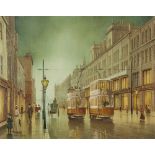 STEVEN SCHOLES (b.1952) OIL PAINTING ON CANVAS Deansgate, Manchester with two trams and a hansom cab