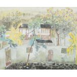 FANG XIANG (Chinese, Contemporary) INK AND WATERCOLOUR DRAWING Garden scene with a bird catcher