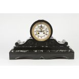LATE NINETEENTH/ EARLY TWENTIETH CENTURY BLACK SLATE LARGE MANTLE CLOCK WITH VEINED MARBLE TRIM, the