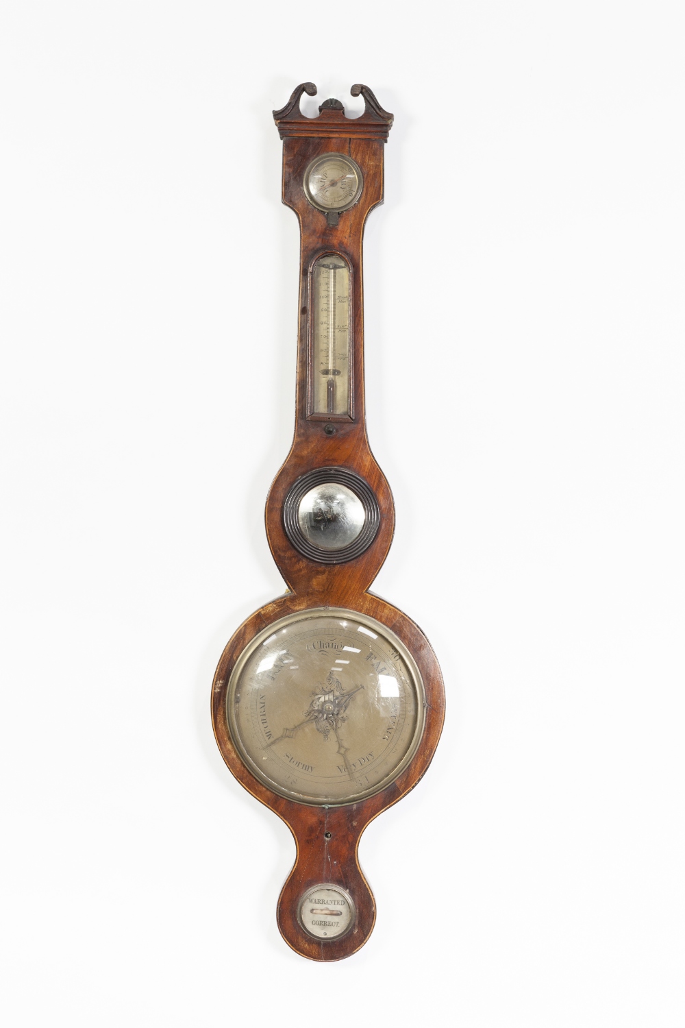 EARLY NINETEENTH CENTURY MAHOGANY AND LINE INLAID BAROMETER, the 8" silvered dial with brass