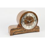 UWS, GERMAN ART DECO WALNUT AND EBONY LINE INLAID MANTLE CLOCK, the six dial with silvered Arabic