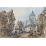 THOMAS R COLMAN DIBDIN (1810-1893) WATERCOLOUR DRAWING Continental street scene with cathedral in