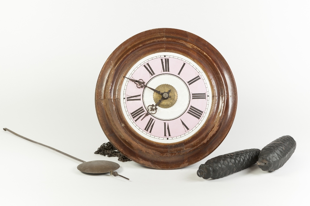 EARLY TWENTIETH CENTURY POSTMAN'S WALL MOUNTED ALARM CLOCK, of typical form with 6 ¾" white and pink