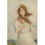 W J CARRALL WATERCOLOUR DRAWING Girl in the wind Signed lower left Unframed 22 1/4" x 15 1/4" (56