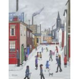 RACHEL TAYLOR OIL PAINTING ON CANVAS Northern street scene with figures Signed lower left 14" x