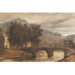 DAVID COX (1783 - 1859) WATERCOLOUR DRAWING 'Beddgelert' river and bridge in North Wales 10" x