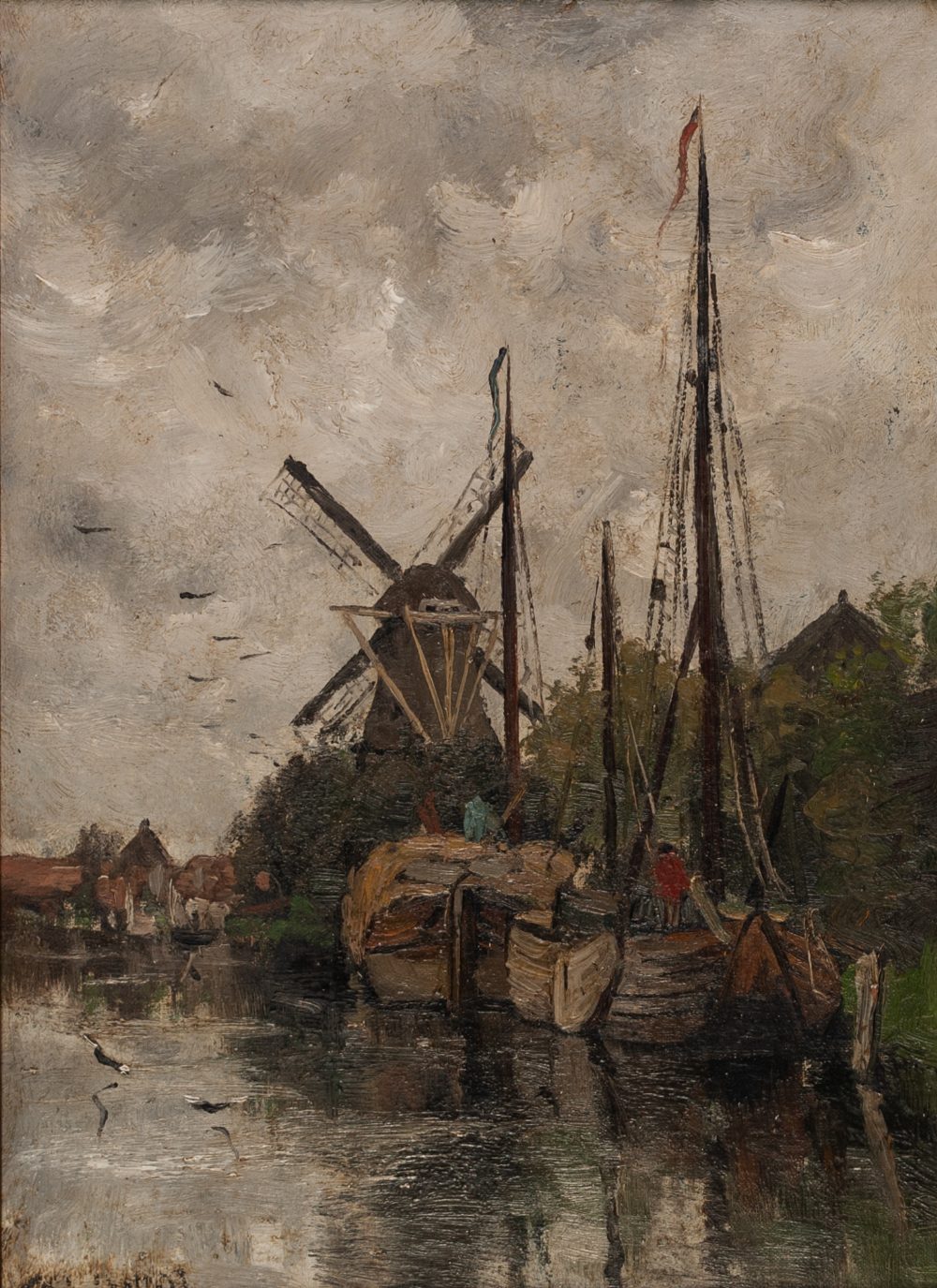 FREDERICUS JACOBUS VAN ROSSUM DU CHATTEL (1856 - 1917) OIL PAINTING ON CANVAS Dutch canal scene with