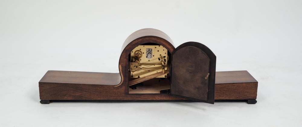 A 20TH CENTURY MAHOGANY NAPOLEON STYLE MANTLE CLOCK, having three train German movement, cream - Image 4 of 4