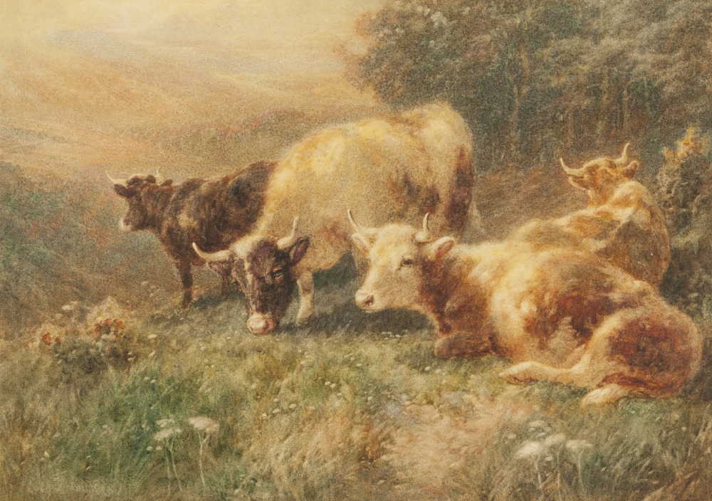 ATTRIBUTED TO WILLIAM R.C. WATSON (1866-1921) WATERCOLOUR Cattle in an upland landscape evidence