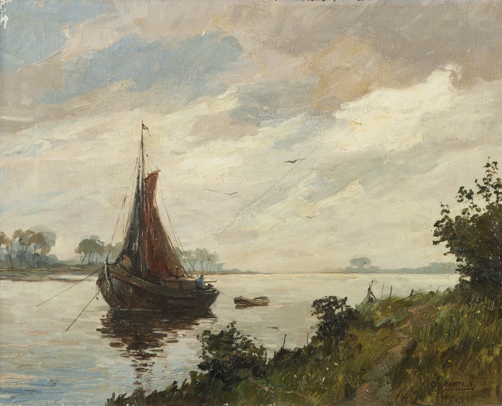 CORNELIUS ANTON BARTLES (b. 1890) OIL PAINTING ON CANVAS River landscape in Holland, with fishing