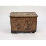 AN EARLY 20TH CENTURY BRASS EMBOSSED COAL BOX, depicting heraldic emblem to the top, with metal