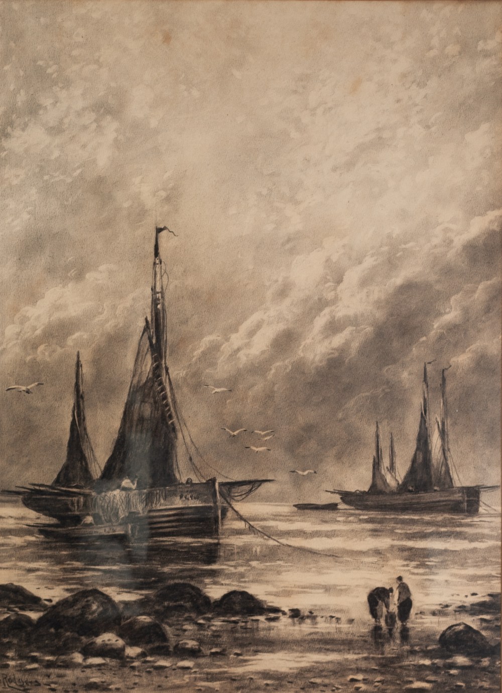 S. RODGERS (LATE 19th/EARLY 20th CENTURY) CHARCOAL DRAWING Coastal scene with fishing boats and