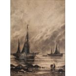 S. RODGERS (LATE 19th/EARLY 20th CENTURY) CHARCOAL DRAWING Coastal scene with fishing boats and