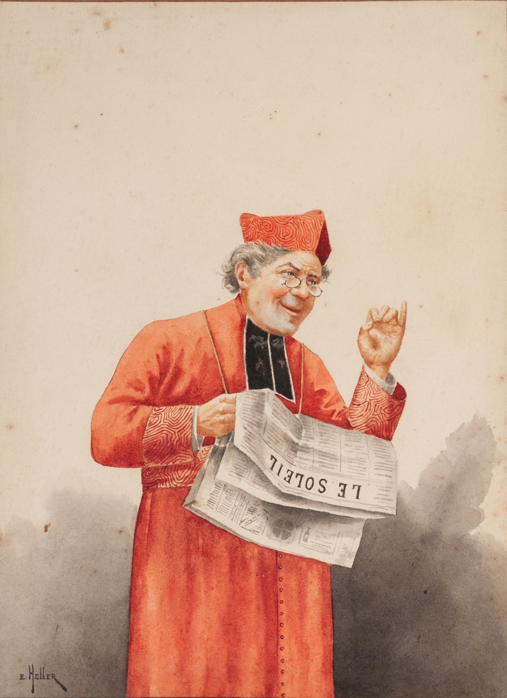 E. HELLER (Continental late Nineteenth Century) WATERCOLOUR A Cardinal reading 'Le Soliel' newspaper