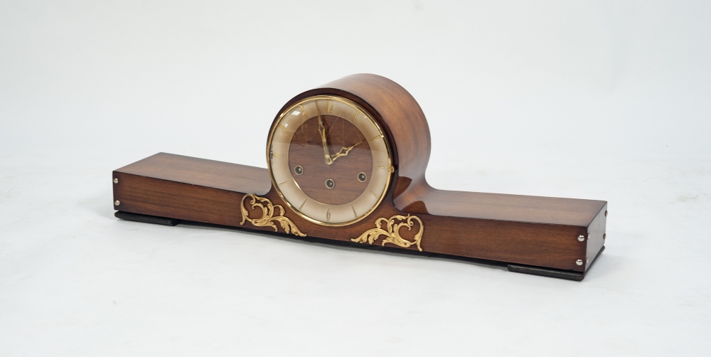 A 20TH CENTURY MAHOGANY NAPOLEON STYLE MANTLE CLOCK, having three train German movement, cream - Image 3 of 4