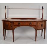 19th CENTURY MAHOGANY BOXWOOD INLAID BOW-FRONT SIDEBOARD with curtain rail, having a centre drawer