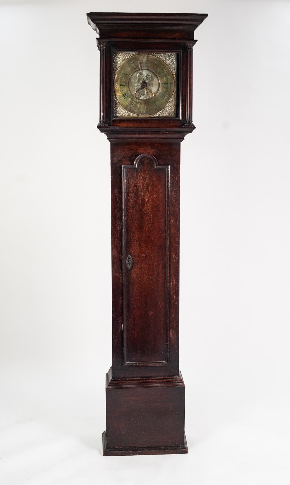 EIGHTEENTH CENTURY OAK LONGCASE CLOCK SIGNED WOLLEY CODNOR, the 11" brass dial with date aperture to