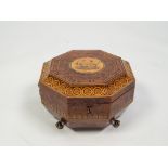 REGENCY LINE INLAID AND PENWORK DECORATED BURRWOOD WORK BOX, of octagonal form, the lid decorated