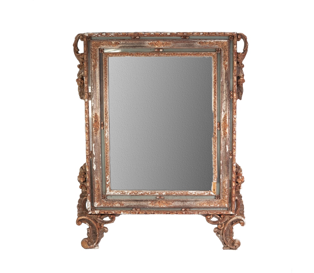 20th CENTURY PATINATED GESSO AND WOOD OVERMANTLE MIRROR, 47" x 37" (119.5 x 94cm), (distressed)