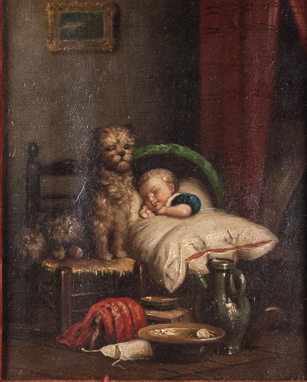 CONTINENTAL SCHOOL (19th CENTURY) OIL PAINTING ON CANVAS Interior scene with baby asleep in a